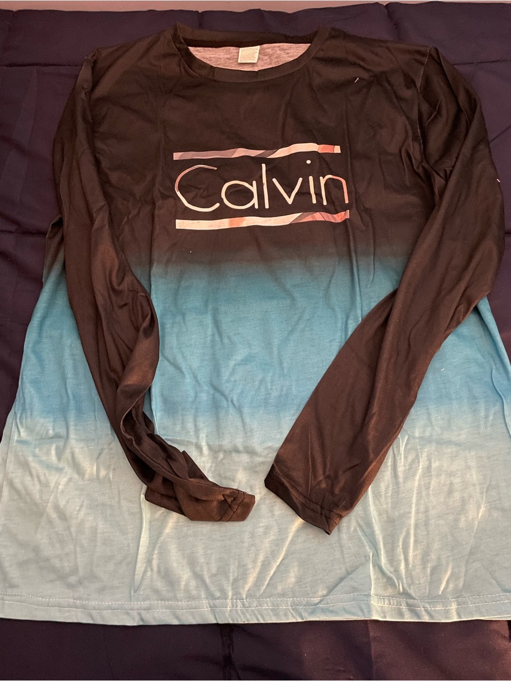 Calvin Long Sleeve Ombre Tee — Black to Light Blue size Large